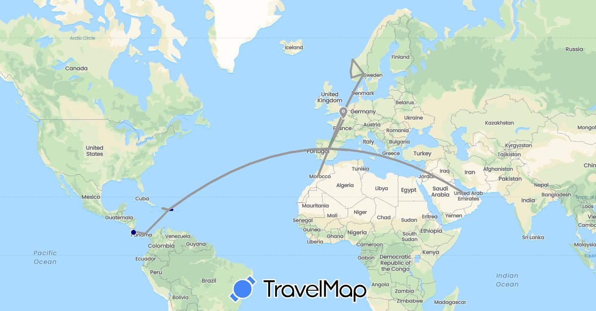 TravelMap itinerary: driving, bus, plane in Costa Rica, Dominican Republic, Spain, France, Haiti, Morocco, Norway, Panama, Qatar (Africa, Asia, Europe, North America)